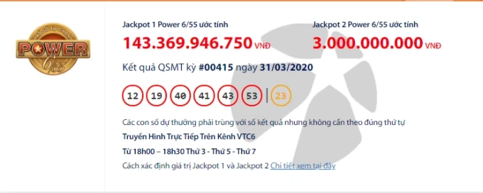 Ảnh chụp từ màn hình website của Vietlott ngày quay số cuối cùng trước khi có chỉ thị cách ly xã hội của Thủ tướng Chính phủ.